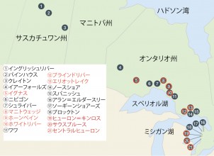 初期選定で良好と判定され、予備評価の第１段階が行われた21地点（赤字は第2段階に進む９地点）©NWMO