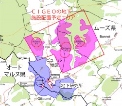 四角い赤線エリア（30平方km）内のいずれかでＣＩＧＥＯの地下施設を展開予定©ANDRA